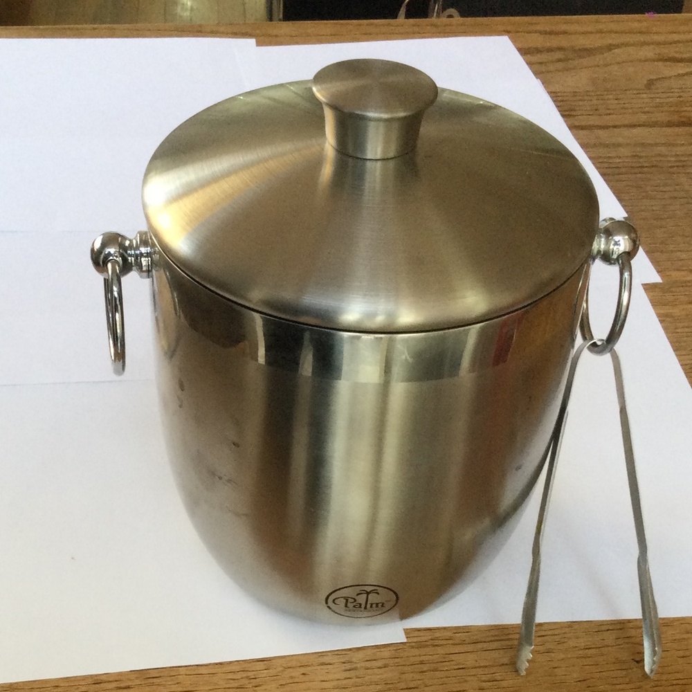 Palm Restaurant Ice Bucket with Top and tongs. With top, it’s 9” tall by 7” wide